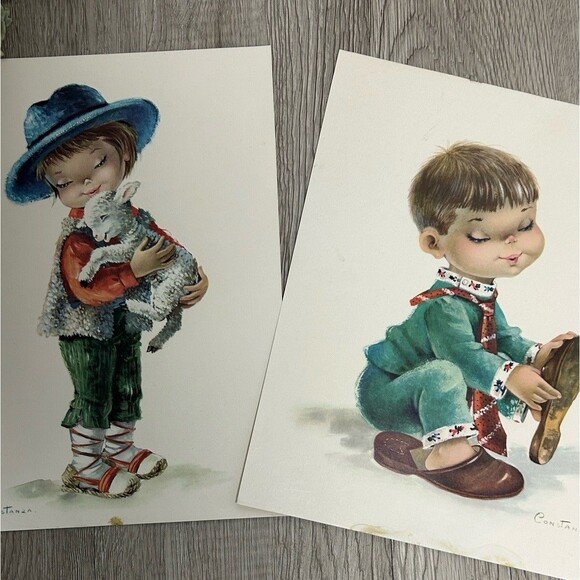 Set Of 2 Vintage Constanza Prints Child With Lamb & Child With Shoes MCM Spain - Picture 1 of 13